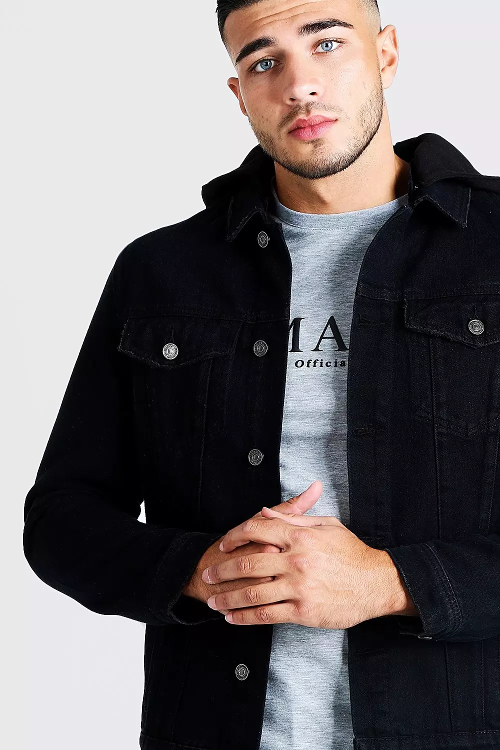 Denim jacket sales with detachable hood